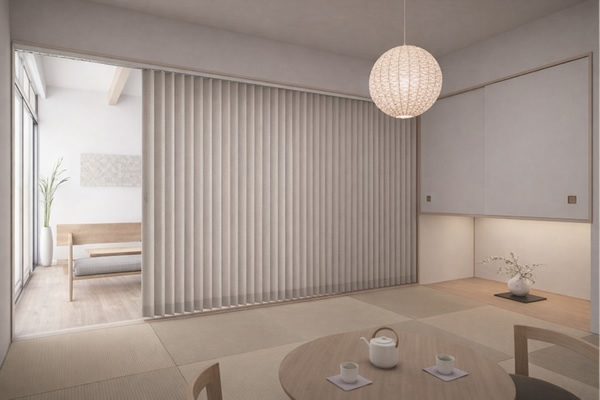 リビングとつながる畳コーナー バーチカルブラインド