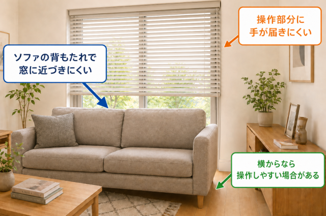 ソファの背もたれで窓に近づきにくいブラインド